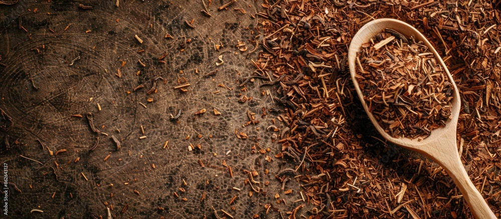 Poster close-up image featuring a pile of dried rooibos tea leaves and a wooden spoon, with a designated ar