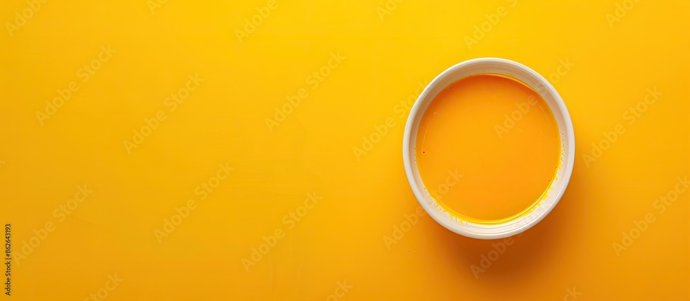 Aufkleber Yellow baked pepper soup puree in a light bowl on a bright backdrop, with room for text, ideal for adding a copy space image. Top view emphasizes presentation.