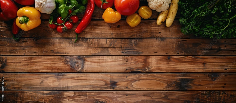Poster top view of vegetables arranged on a wooden table with copy space image.