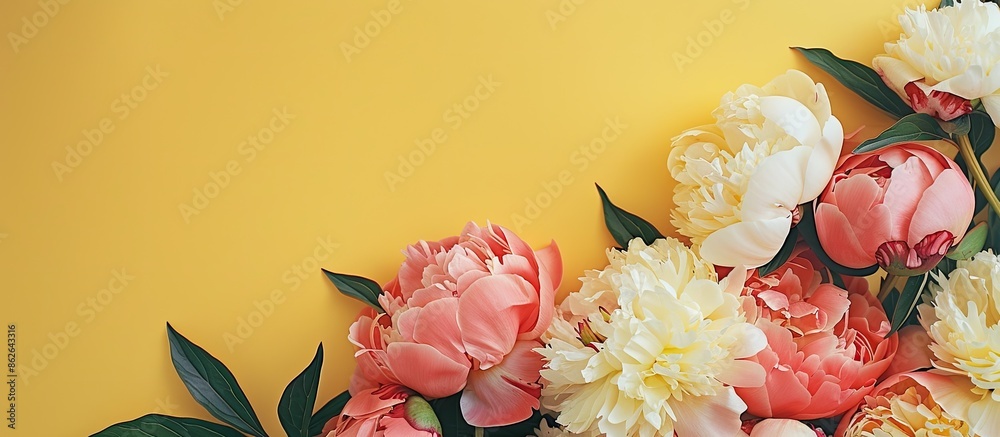 Aufkleber Overhead shot of peony flowers displayed against a yellow backdrop with room for text or graphics, creating a floral arrangement with copy space image.