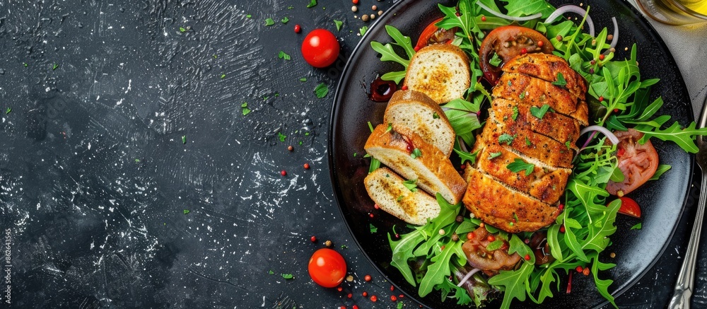 Poster healthy meal option of chicken meatloaf paired with a fresh salad and toast, perfect for lunch or di