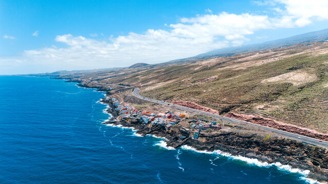 Aerial drone view of Punta Prieta, coastal town on the East coast of Tenerife island, Spain