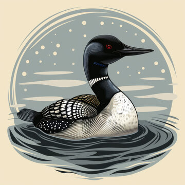 Artistic illustration of a loon swimming in water with a starry night sky backdrop, capturing nature's serene beauty.