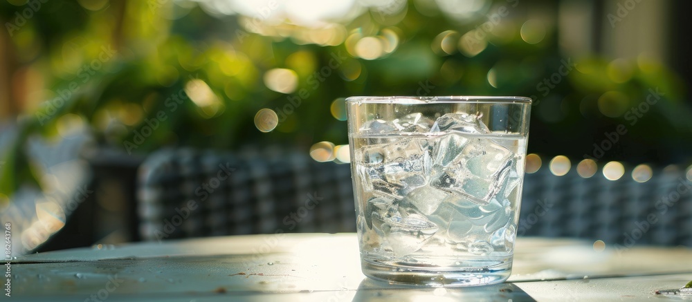 Poster close-up shot of a refreshing glass of water on a light grey outdoor table with a copy space image a