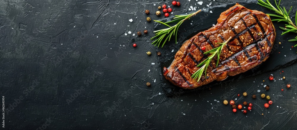 Aufkleber Top view of a grilled beef steak on a black stone table with enough space for additional content in the image.