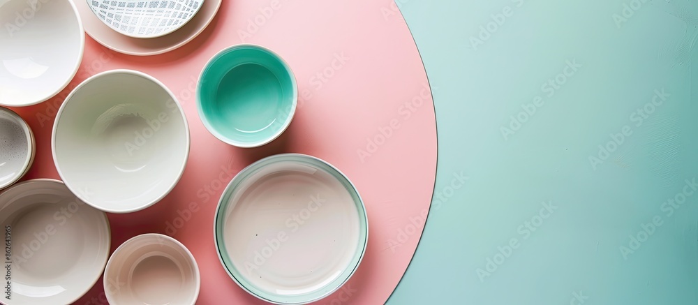 Leinwandbilder modern white and blue ceramic tableware arranged on a pink and green background in a top-down view w