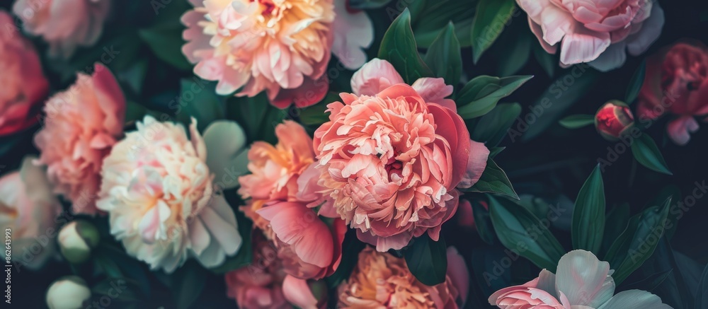 Fototapete a greeting card design featuring a beautiful bouquet of peonies with ample copy space image for text