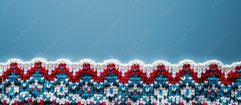 Aufkleber Scandinavian-style knitting pattern on a blue backdrop with copy space image.