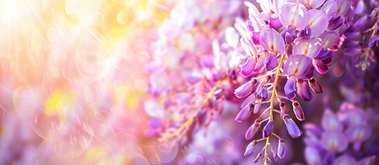 Fototapeta premium Close-up of Purple pink Wisteria blossom flowers on a trellis, set against a springtime sunny day with copy space image.