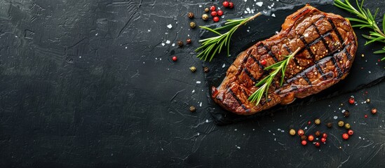 Top view of a grilled beef steak on a black stone table with enough space for additional content in the image.