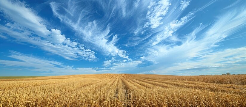 Southern Wisconsin's rural landscape features a picturesque field of harvested maize under a blue sky with clouds, ideal as a copy space image.
