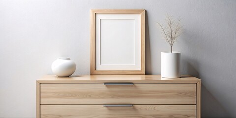 A clean and modern interior mockup featuring a blank wooden frame on a natural wood dresser. Perfect for showcasing artwork, prints, or photography in a stylish and contemporary setting.