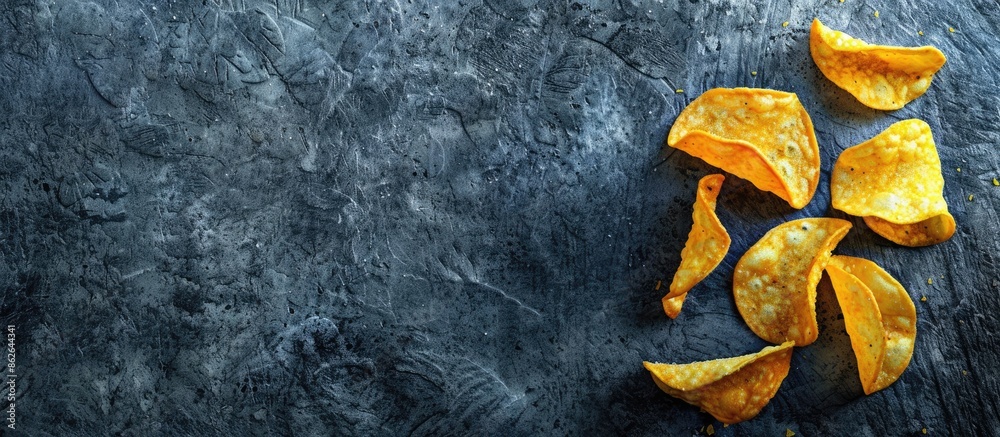 Poster tasty salty potato chips, ideal with beer, displayed on a black stone surface from above. background
