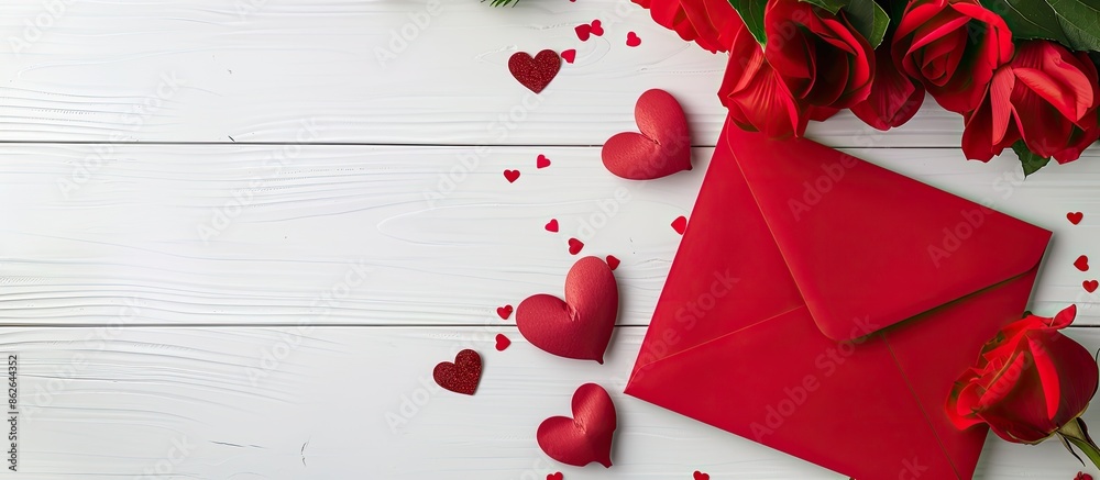 Poster Valentine's Day greeting card featuring romantic hearts on a white background with a red envelope. Includes a flat lei and space for text in the image. Copy space image