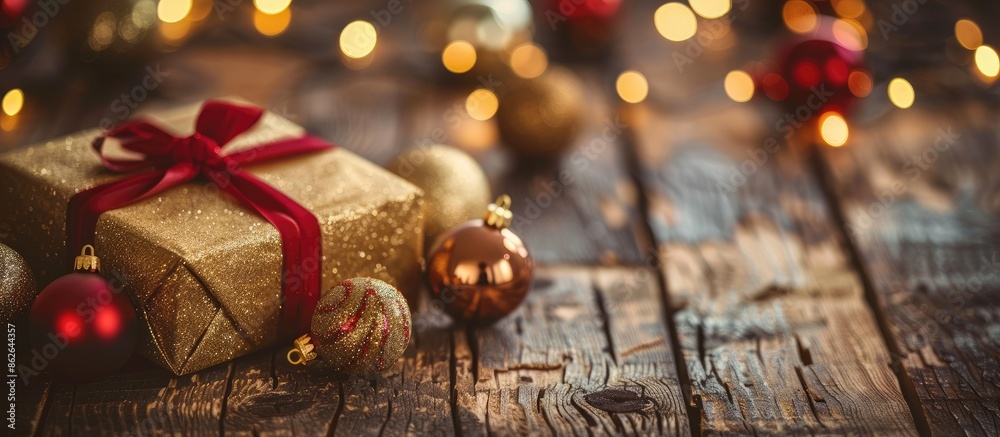 Aufkleber christmas ornaments on a wooden table with a golden gift box, creating a festive background with cop
