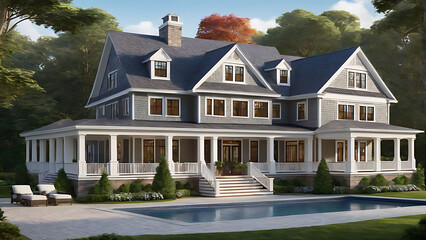 a realistic daytime image of a charming Shingle Style mansion with shingle-covered exteriors, gambrel roofs, and wide porches.