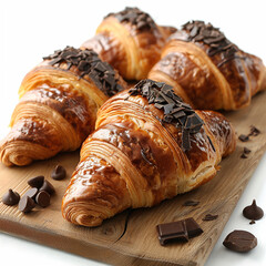 Delicious fresh croissants with chocolate isolated on white. Made with generative ai