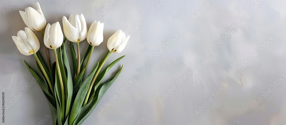 Poster top view of a stunning bouquet of fresh cream tulips, ideal for a spring-themed concept, flat lay st