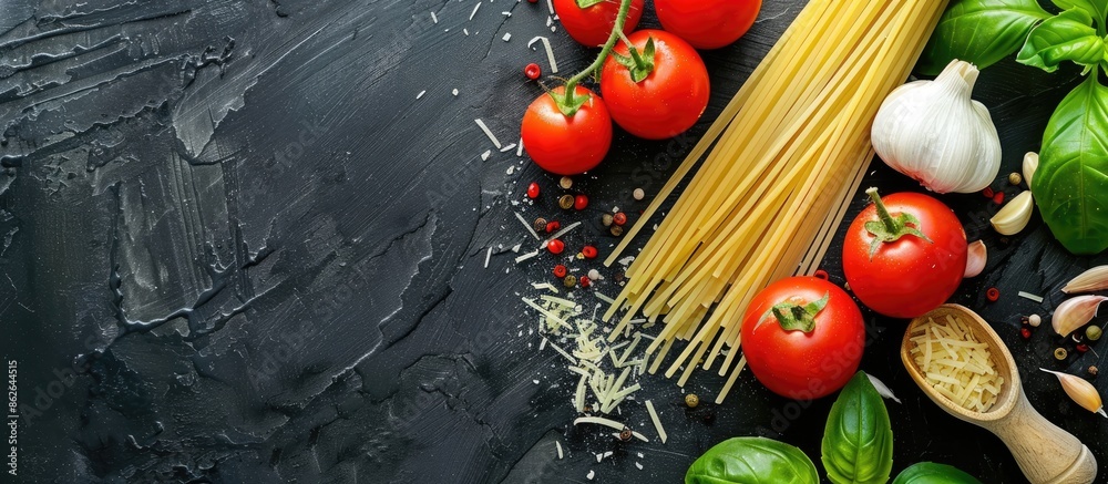 Poster top view of raw spaghetti on a black stone table with tomato, garlic, and basil, allowing for copy s