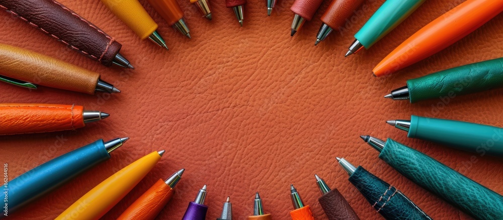 Aufkleber top view of a variety of colorful leather pens in a concept shot with blank space for text against a
