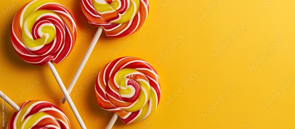 Poster Vibrant swirl lollipops on yellow backdrop with copy space image.
