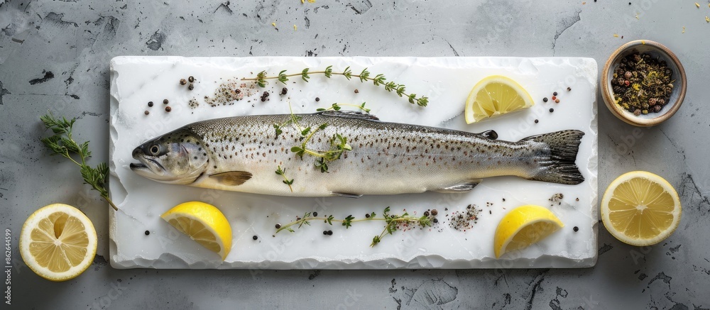 Poster Trout with lemon and spices is displayed on a white stone board against a gray background with ample copy space image for text in a flat lay composition.