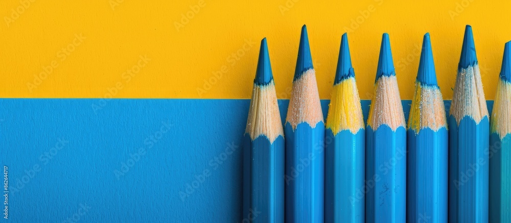 Aufkleber Blue and yellow pencils stand out in front of a blue and yellow background, creating a vivid contrast in the copy space image.
