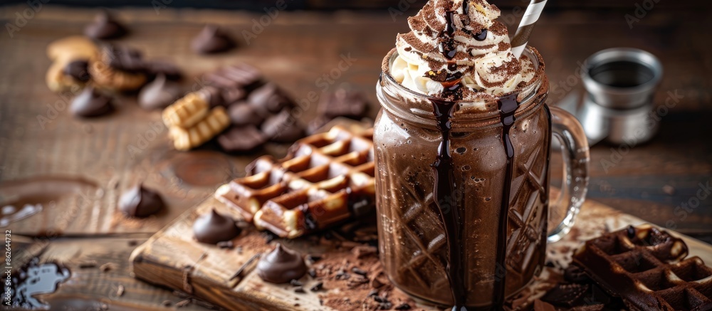 Poster indulgent chocolate milkshake topped with whipped cream, cookies, and waffles, presented in a mason 