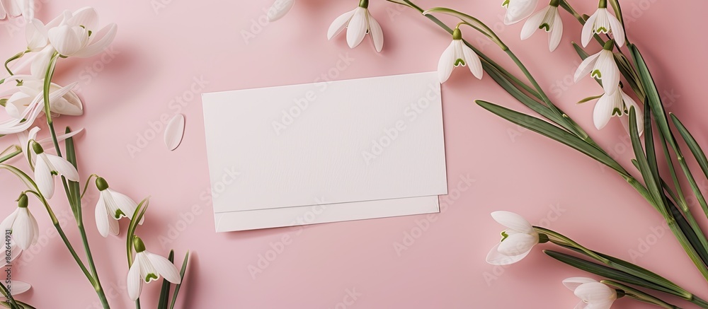 Poster snowdrops and a greeting card on a pink backdrop with copy space image.