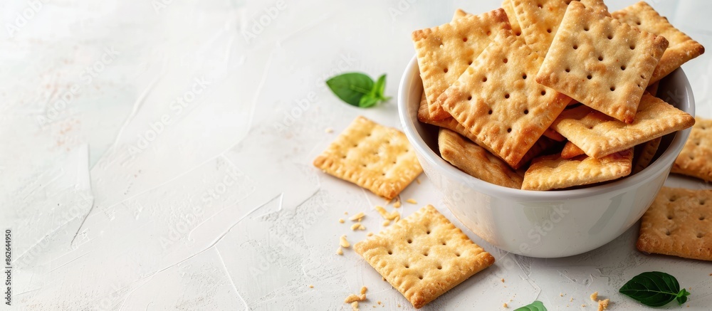 Poster delicious crackers displayed on a bright background with copy space image.