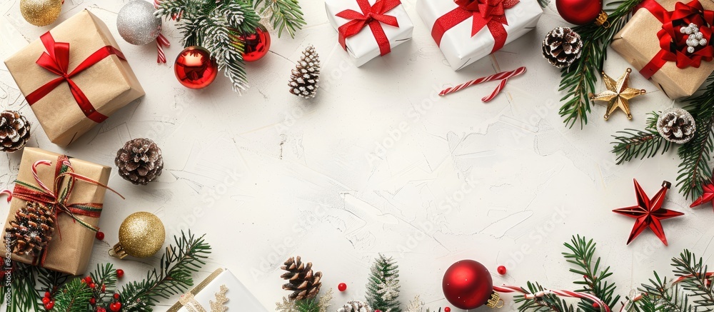 Poster a festive banner design for christmas featuring various decorations like gift boxes, ornaments, and 
