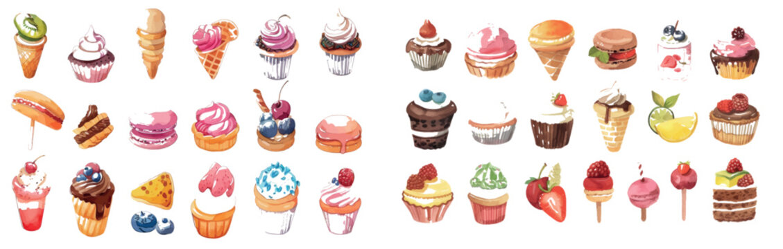 Various ice cream, macaroon, muffin, pudding, and cake icons isolated on white for game design.