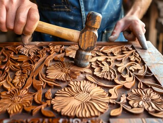  carpenter using a chisel and mallet to carve intricate details into a wooden sculpture. 
