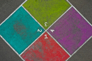 Aerial view of vibrant playground game with numbers and chalk, Viewlands Elementary School, Seattle, United States.