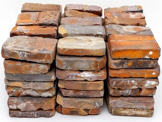  collection of various types of bricks stacked neatly against a white backdrop, showcasing textures and colors. 