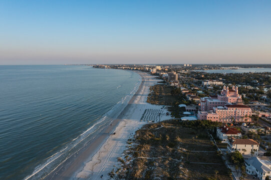 Aerial view of sandy beach and ocean at The Don Cesar, St. Pete Beach, United States.