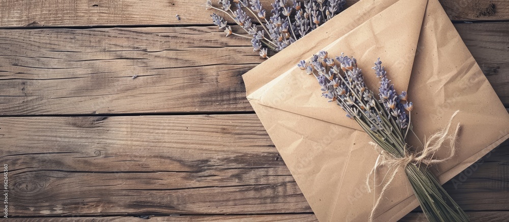 Aufkleber vintage wooden background with a greeting card mockup, envelope, and dry lavender bouquet, top view,