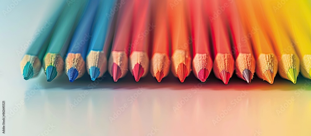 Poster colorful assortment of pencils in various shades are displayed in a row on a white background with a