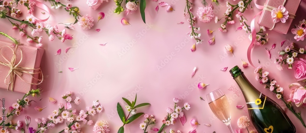 Aufkleber valentine's day romantic card surrounded by spring flowers, champagne, and a gift box on a pink back