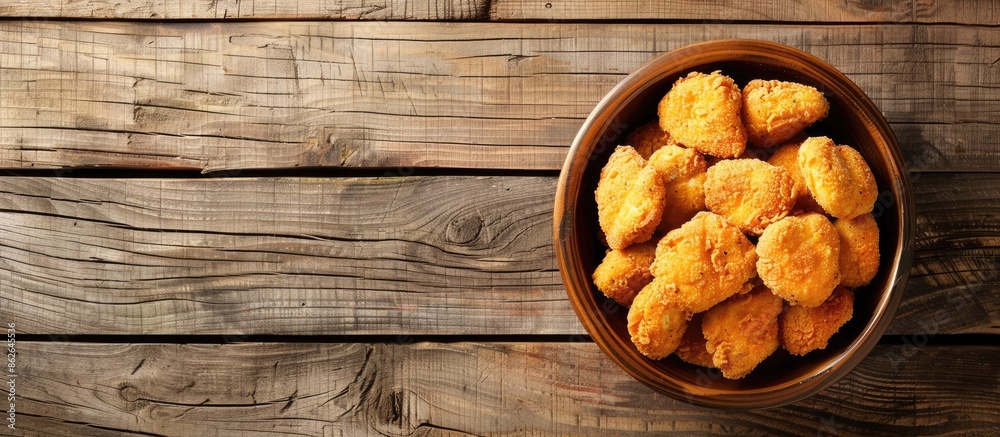 Aufkleber Top view of chicken nuggets on a wooden background with depth of field and a blank space for text or images. Copy space image. Place for adding text and design