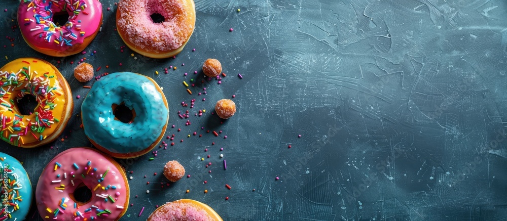 Fototapete colorful doughnuts displayed on a table with copy space image, seen from above and isolated.