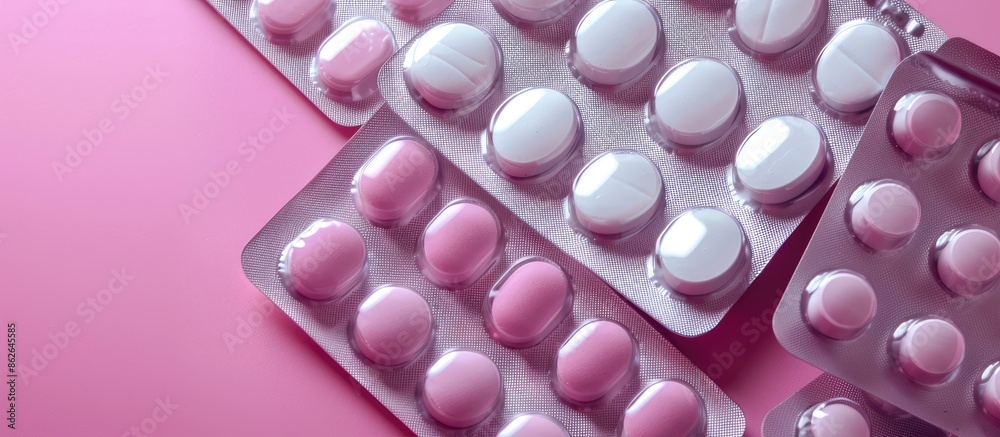 Poster White pills packaged in blister packs contrast against a pink backdrop, creating a visually appealing composition with room for text or other elements (copy space image).