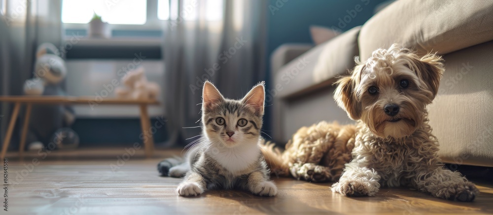 Poster indoor scene with a cat and a dog as fluffy friends on the floor with copy space image.