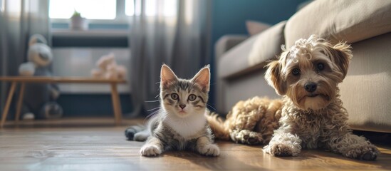 Indoor scene with a cat and a dog as fluffy friends on the floor with copy space image.