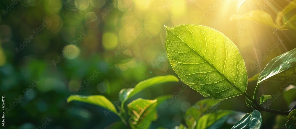 Aufkleber Captivating nature backdrop with a vivid green leaf set against a soft focus green garden background in sunlight, perfect for a background with natural green plants - copy space image.