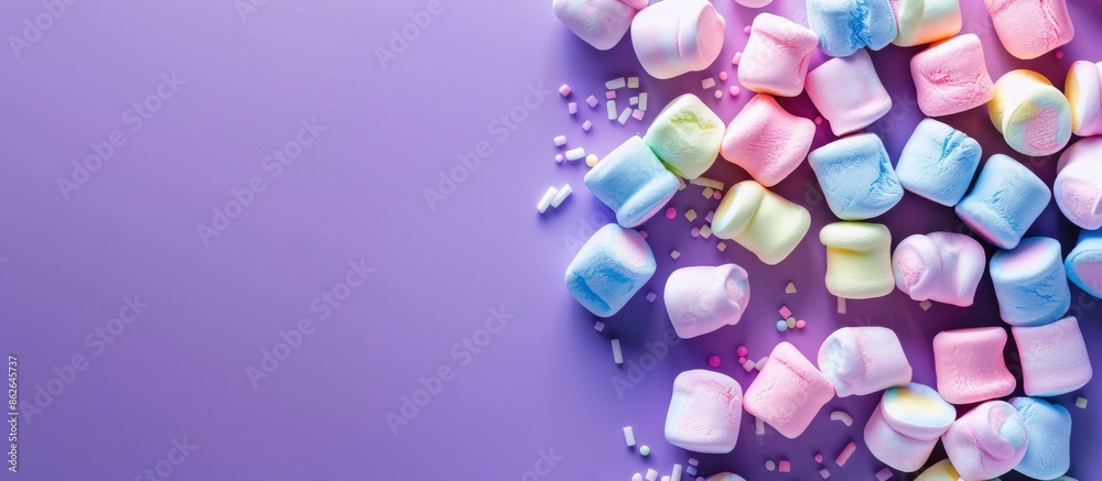Poster colorful marshmallow candies displayed on a purple backdrop with available copy space image.