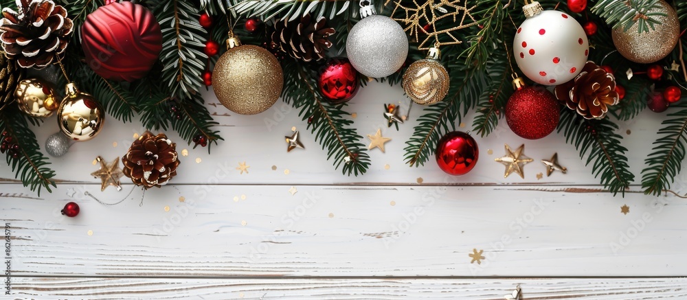 Poster festive christmas setting with decorated tree branch and ornaments on a white wooden backdrop. ideal