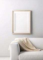 Blank frame mockup on white wall above cozy sofa with pillows. Vertical wooden frame mockup with white blank canvas hanging on plain white wall above a modern.