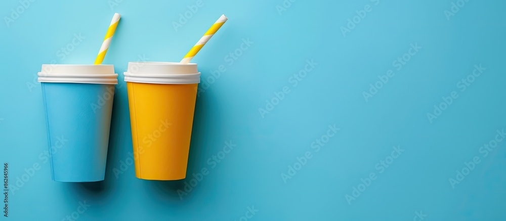 Leinwandbilder top view of blue and yellow paper cups with a straw set on a blue background, with a clear area for 