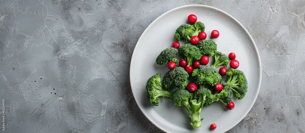 Fototapete top view of a festive broccoli and cranberry tree on a white plate, set against a textured grey ston